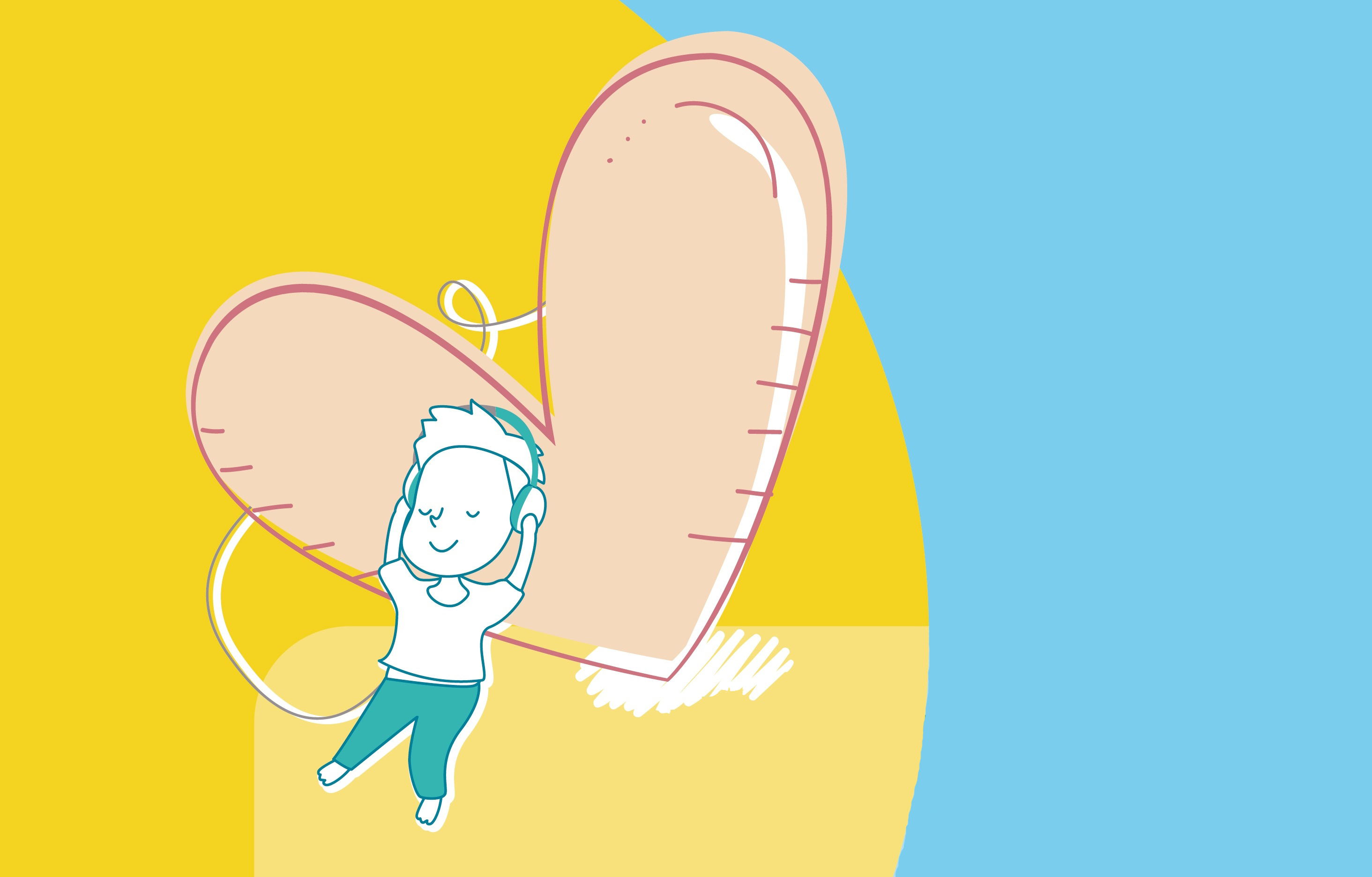 Image of a little boy listening to music with a headphone and smiling with a content face. The background is split into bright yellow on the left and light blue on the right. 